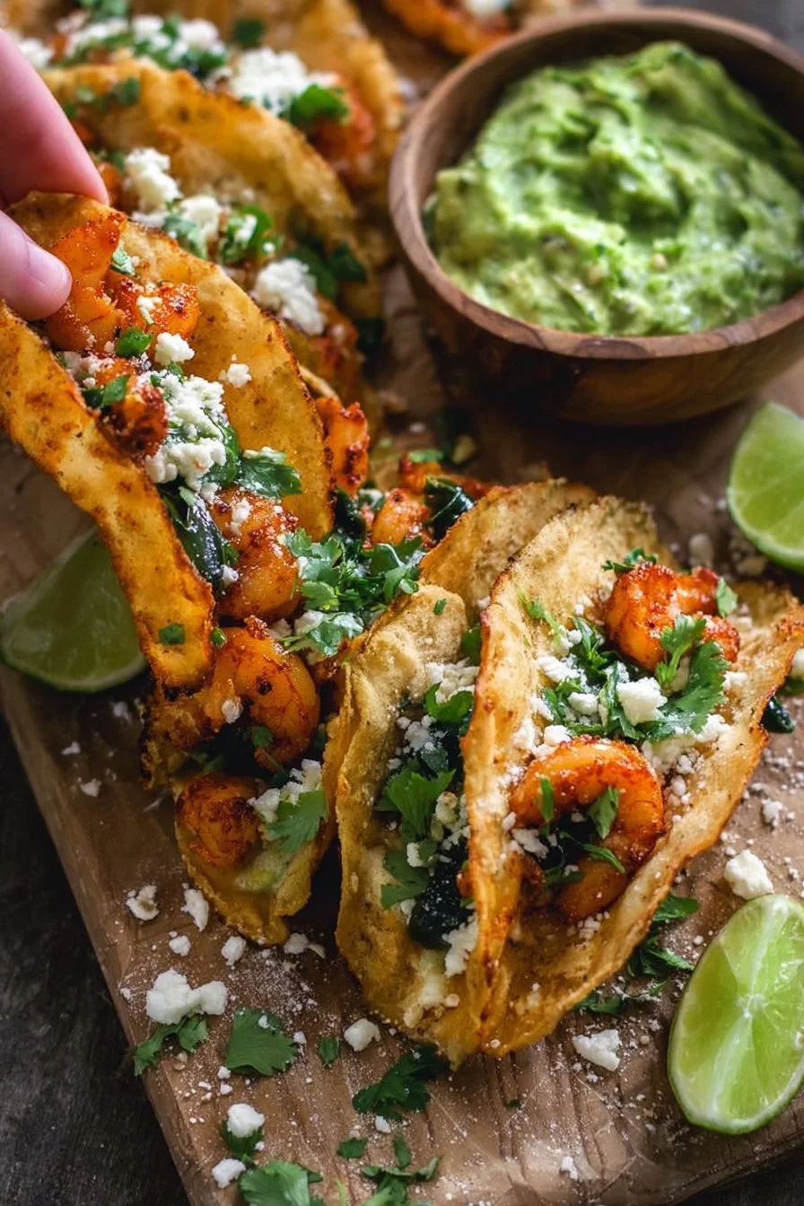 Crispy shrimp and poblano tacos served on a plate with fresh toppings