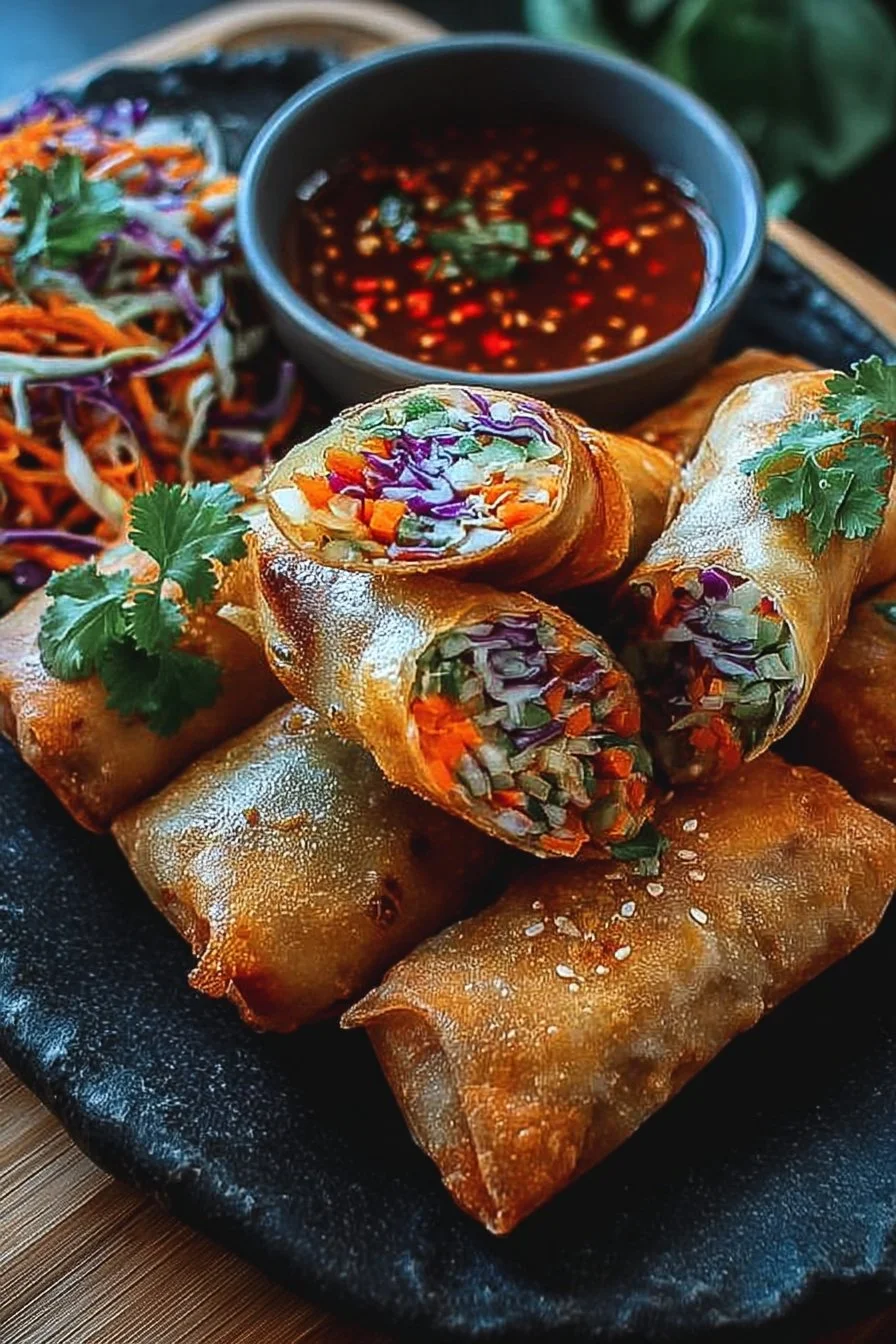 Plate of crispy Thai veggie spring rolls with fresh vegetables and dipping sauce.