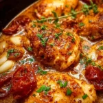 Crock Pot Marry Me Chicken dish garnished with herbs and served on a plate.