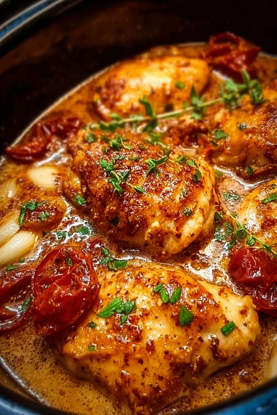 Crock Pot Marry Me Chicken dish garnished with herbs and served on a plate.
