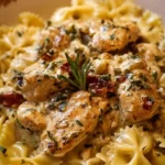 Crockpot Angel Chicken served with pasta in a creamy sauce