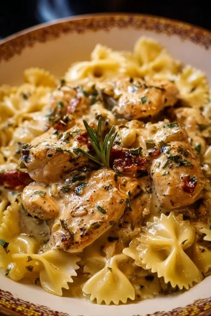Crockpot Angel Chicken served with pasta in a creamy sauce