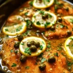 Crockpot Chicken Piccata with lemon and capers served on a plate