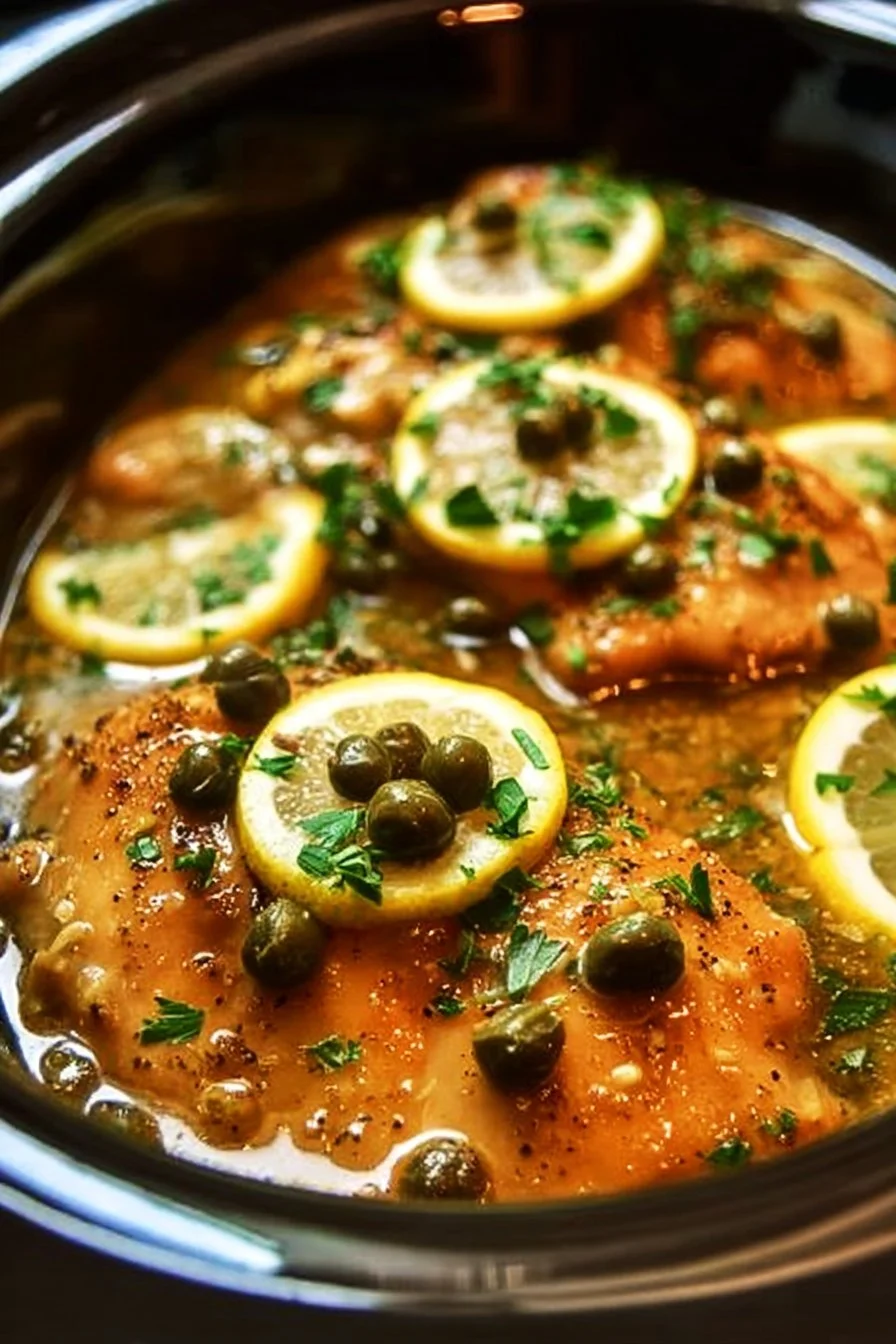 Crockpot Chicken Piccata with lemon and capers served on a plate