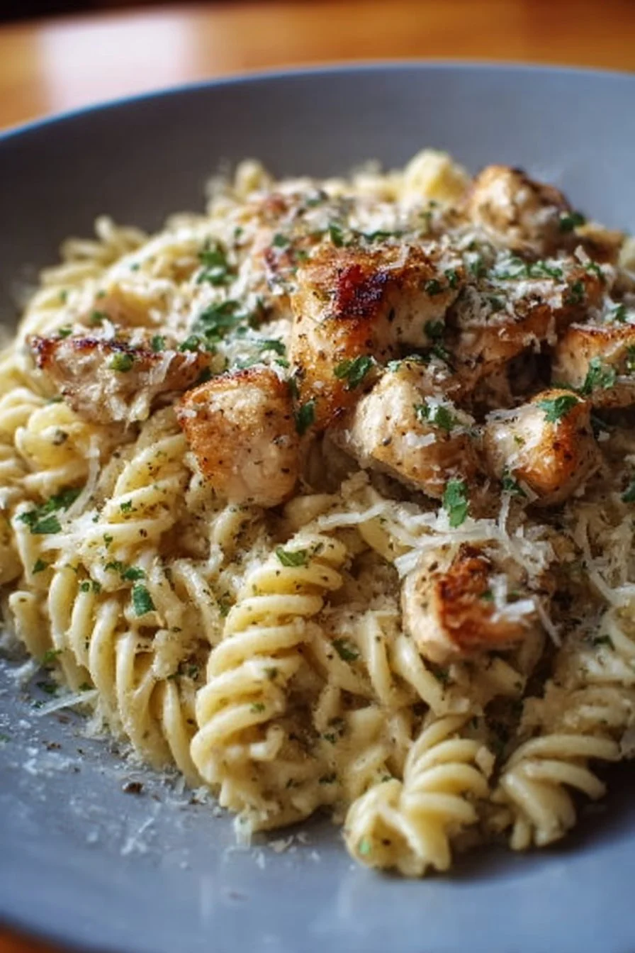 Crockpot Garlic Parmesan Chicken Pasta dish served in a bowl