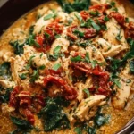 Delicious Crockpot Tuscan Chicken served with fresh herbs and vegetables.