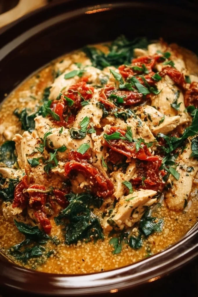 Delicious Crockpot Tuscan Chicken served with fresh herbs and vegetables.