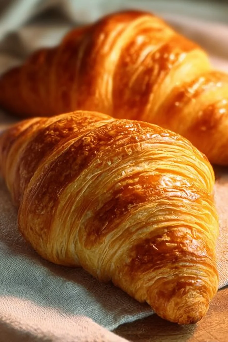Freshly baked buttery croissants on a wooden table