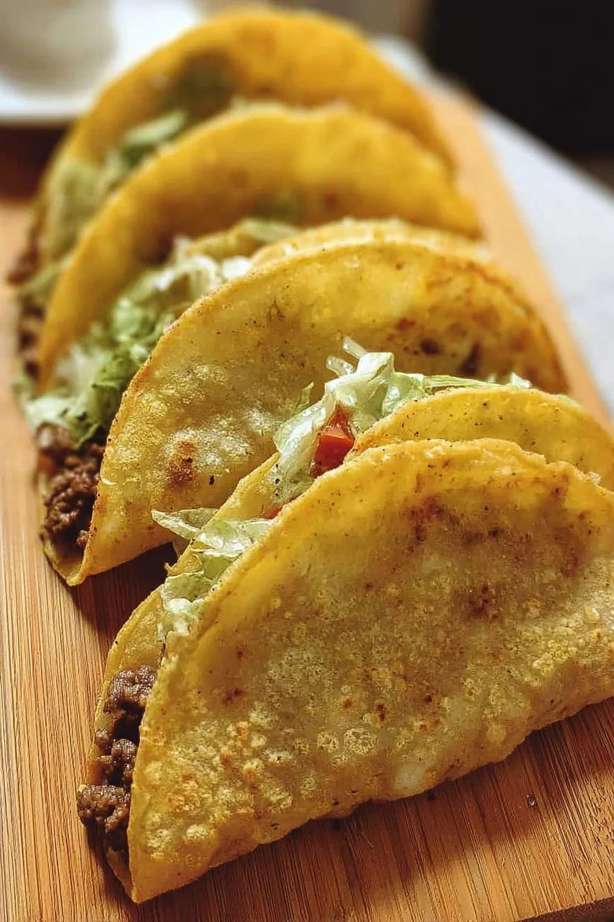Delicious crunchy beef tacos garnished with fresh toppings and served on a plate