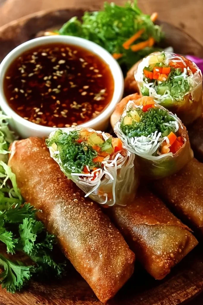Plate of delicious Thai spring rolls with dipping sauce on a table