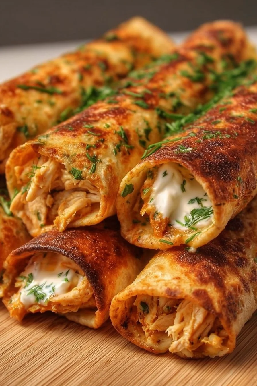 Dill Pickle Ranch Chicken Taquitos served on a plate with dipping sauce