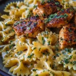 Garlic Butter Chicken served with bowtie pasta in a creamy sauce
