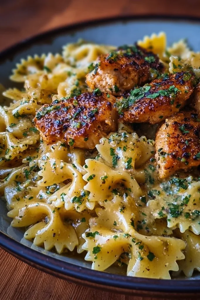Garlic Butter Chicken served with bowtie pasta in a creamy sauce