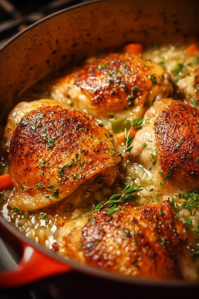Juicy Dutch Oven Chicken seasoned and cooked to perfection in a cast iron pot.