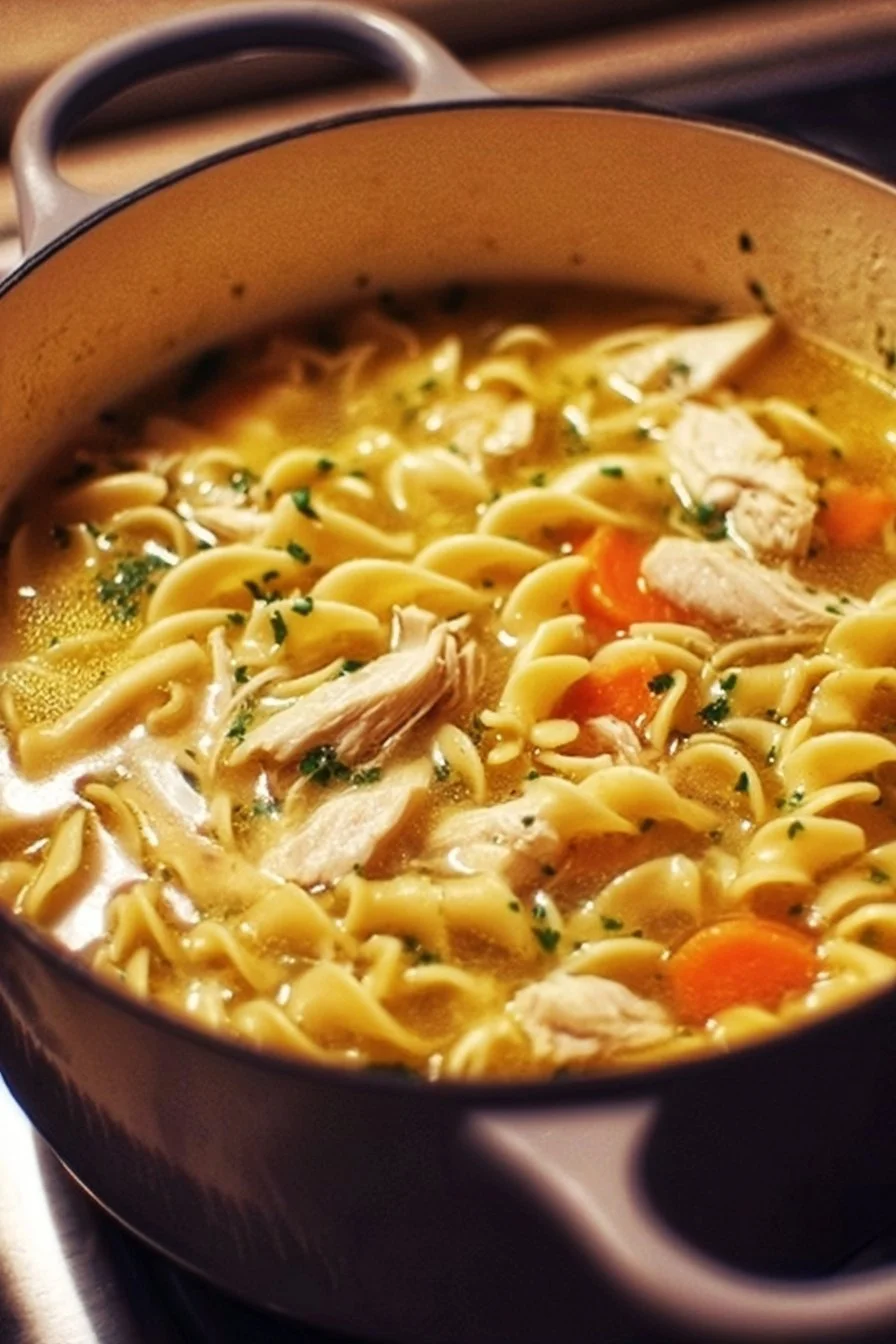 Delicious Dutch Oven Chicken Noodle Soup with fresh ingredients