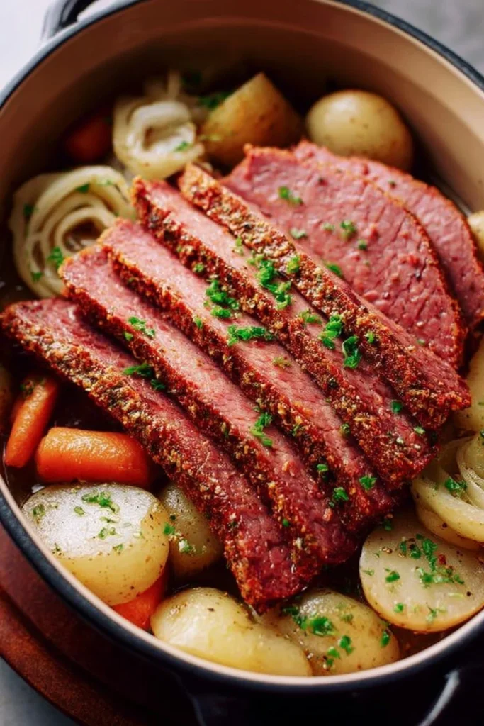 Delicious Dutch Oven Corned Beef served with traditional sides and spices.