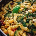 Delicious Dutch Oven Pasta with Spinach served in a cast iron pot.