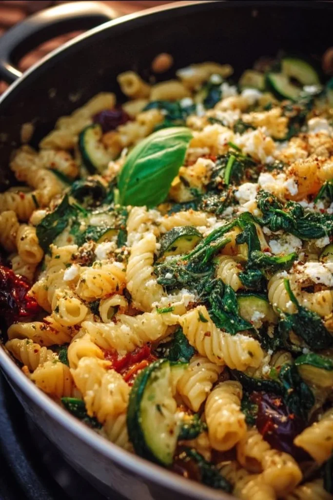 Delicious Dutch Oven Pasta with Spinach served in a cast iron pot.