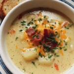 A bowl of creamy Dutch Oven Potato Soup garnished with fresh herbs.