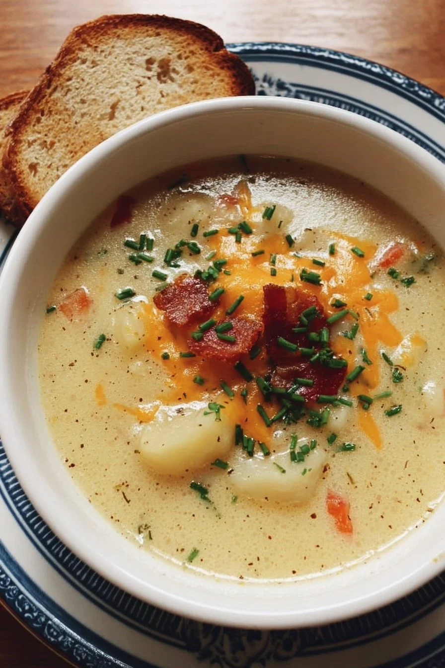 A bowl of creamy Dutch Oven Potato Soup garnished with fresh herbs.