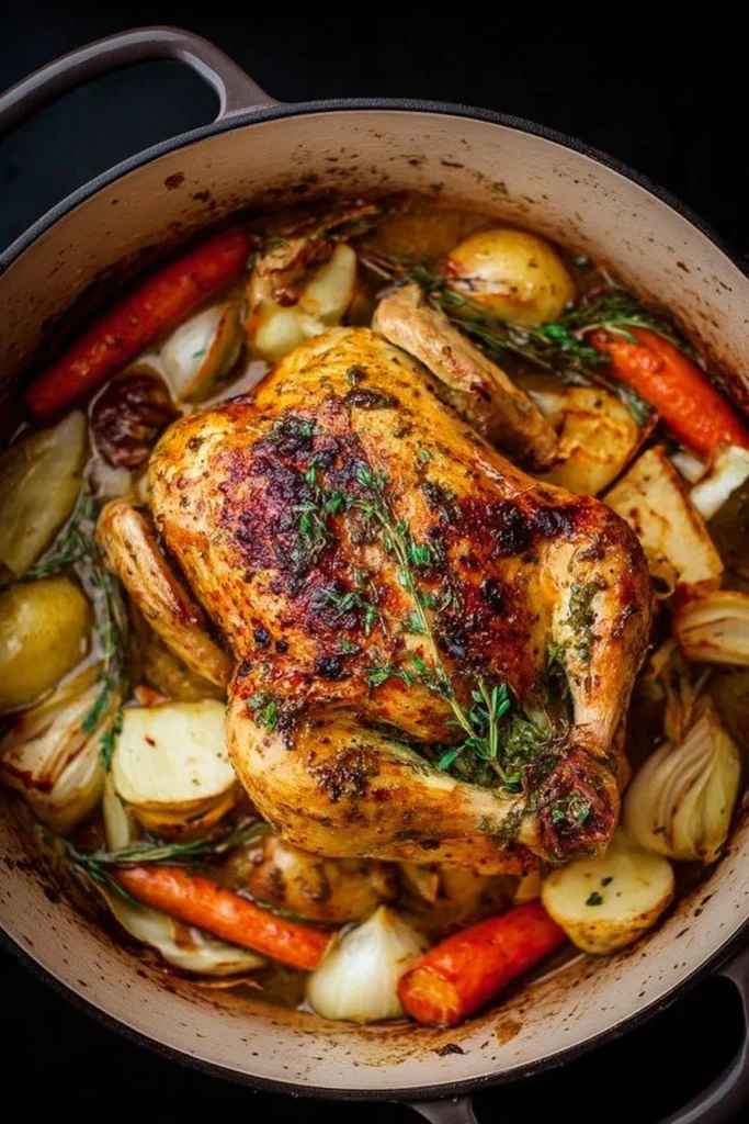 Dutch-Oven roast chicken with vegetables on a serving plate