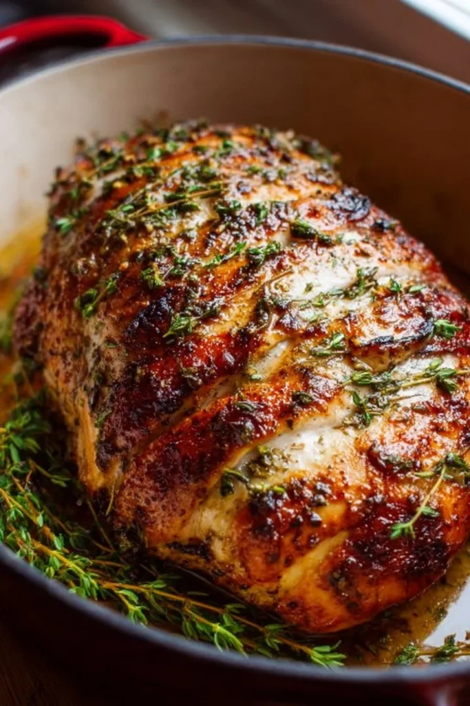 Dutch Oven Turkey Breast being served with herbs and spices