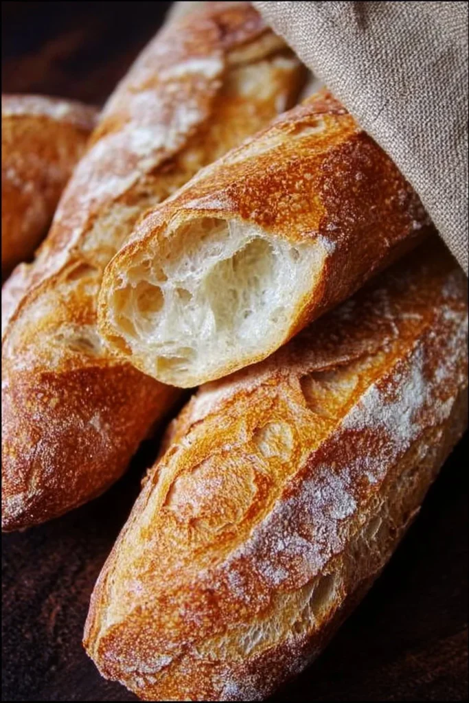 A freshly baked easy baguette with a crispy crust and soft texture