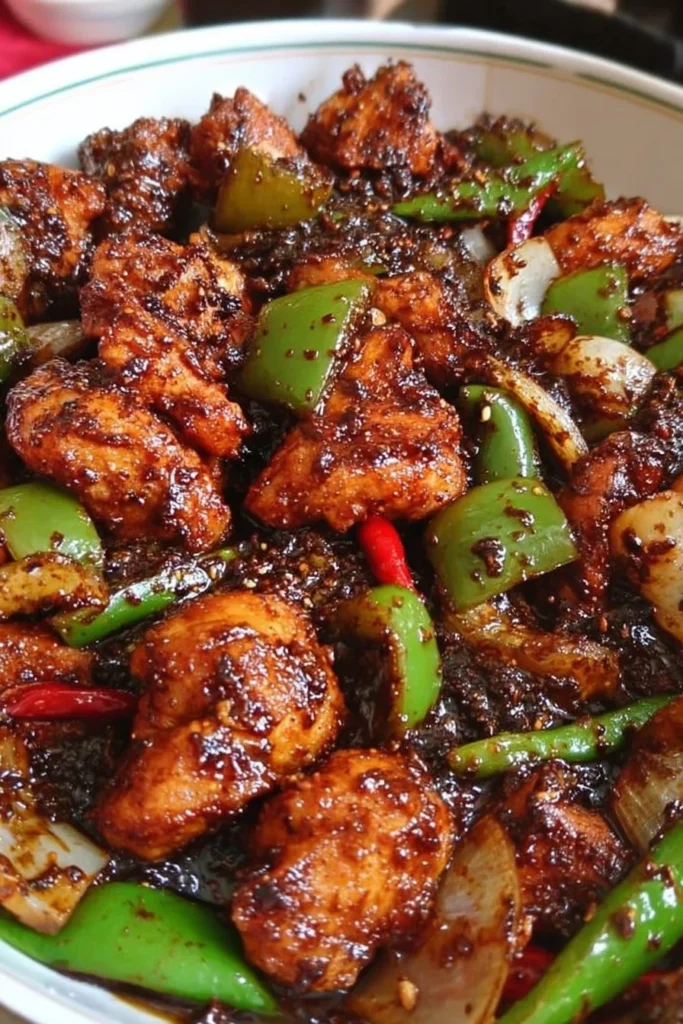 Plate of easy black pepper chicken garnished with fresh herbs.