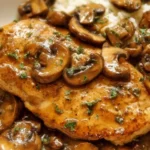 Plate of Easy Chicken Marsala garnished with herbs and served with side vegetables