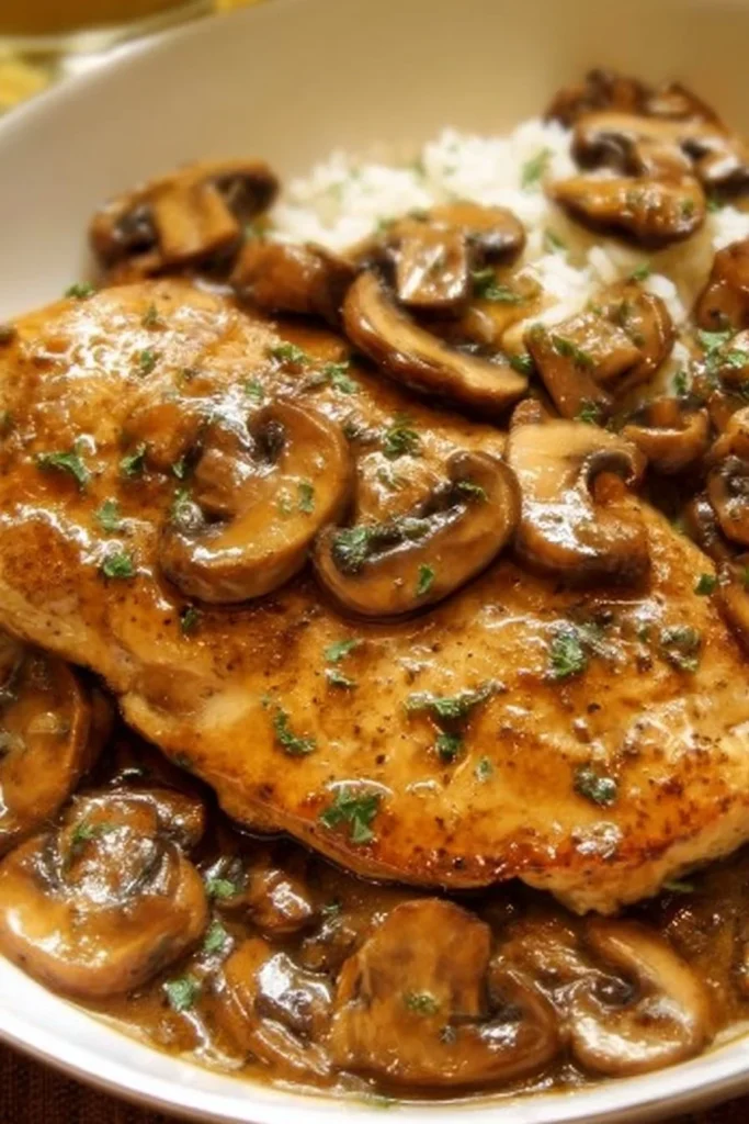 Plate of Easy Chicken Marsala garnished with herbs and served with side vegetables