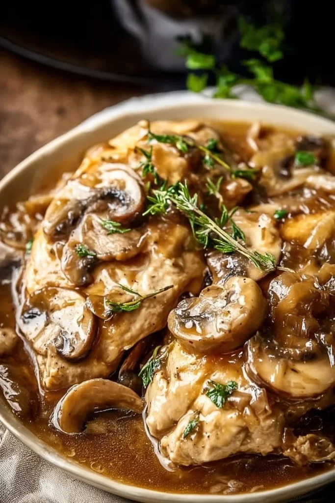 Plate of Easy Crockpot Chicken Marsala with mushrooms and herbs.