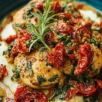 Delicious Crockpot Tuscan Garlic Chicken with spinach and sun-dried tomatoes