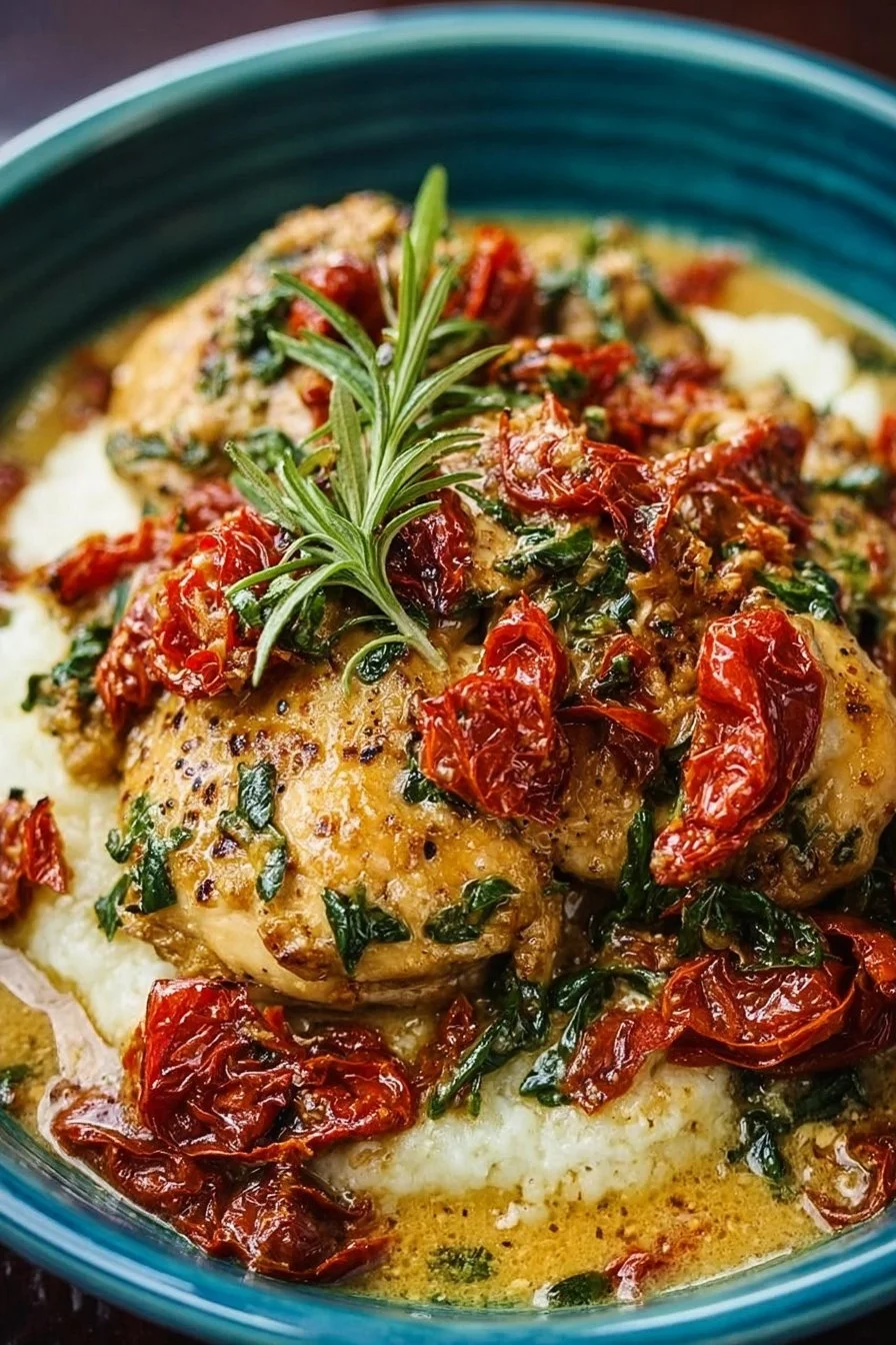 Delicious Crockpot Tuscan Garlic Chicken with spinach and sun-dried tomatoes