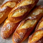 Freshly baked crusty mini baguettes cooling on a rack