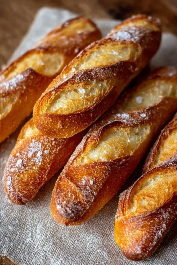 Freshly baked crusty mini baguettes cooling on a rack