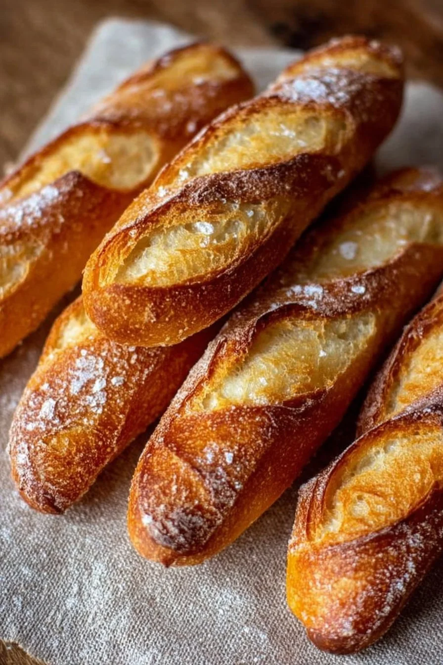 Freshly baked crusty mini baguettes cooling on a rack