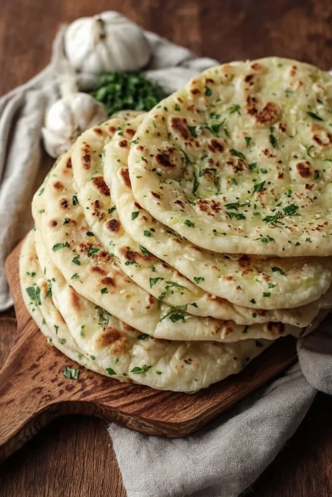 Homemade garlic flatbread sliced and ready to serve, no yeast required.