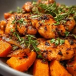 Plate of easy honey garlic chicken served with sweet potatoes