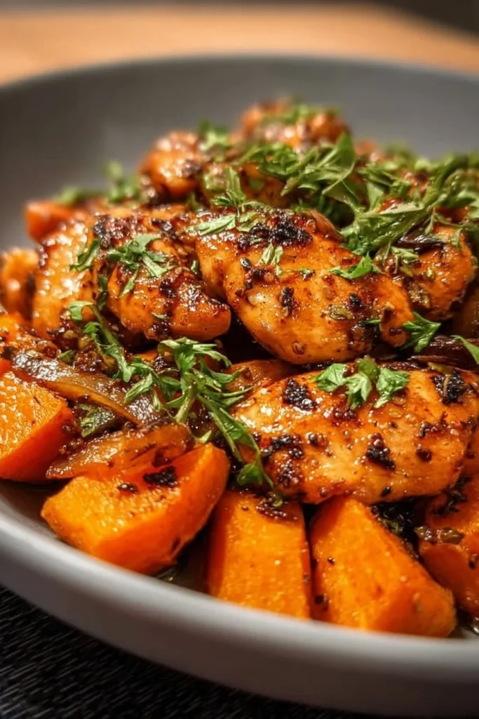 Plate of easy honey garlic chicken served with sweet potatoes
