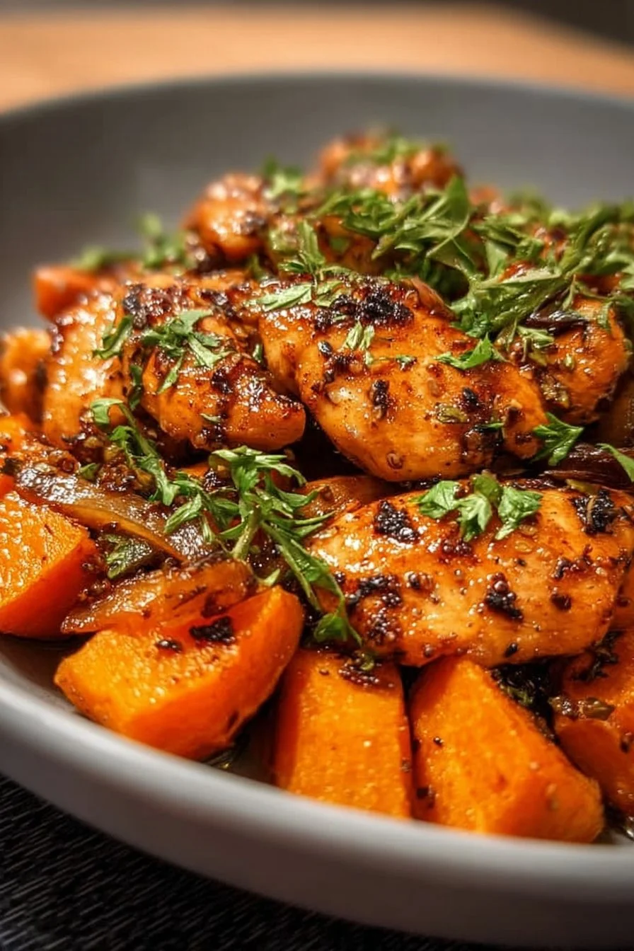 Plate of easy honey garlic chicken served with sweet potatoes