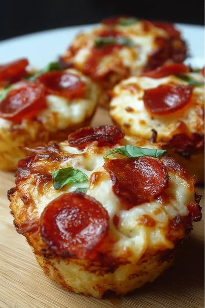 Delicious easy pizza cupcakes topped with cheese and pepperoni