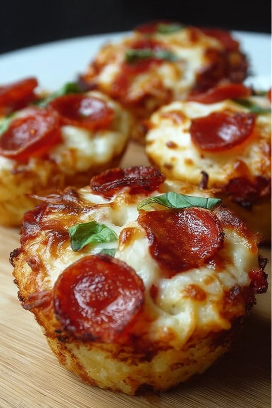 Delicious easy pizza cupcakes topped with cheese and pepperoni