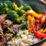 Easy smoky steak bowl with veggies and rice for a flavorful meal