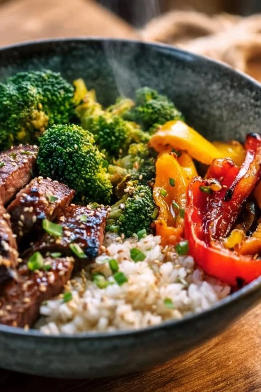 Easy smoky steak bowl with veggies and rice for a flavorful meal