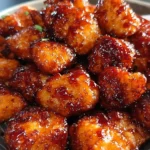 Air fryer honey BBQ chicken bites served on a plate with dipping sauce