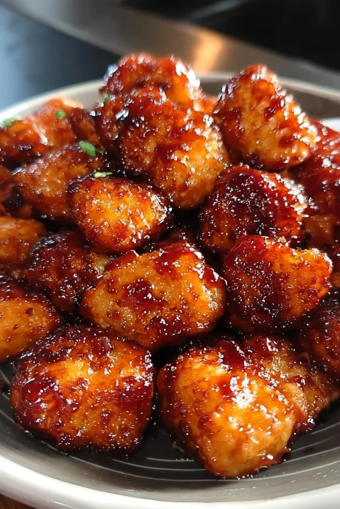 Air fryer honey BBQ chicken bites served on a plate with dipping sauce