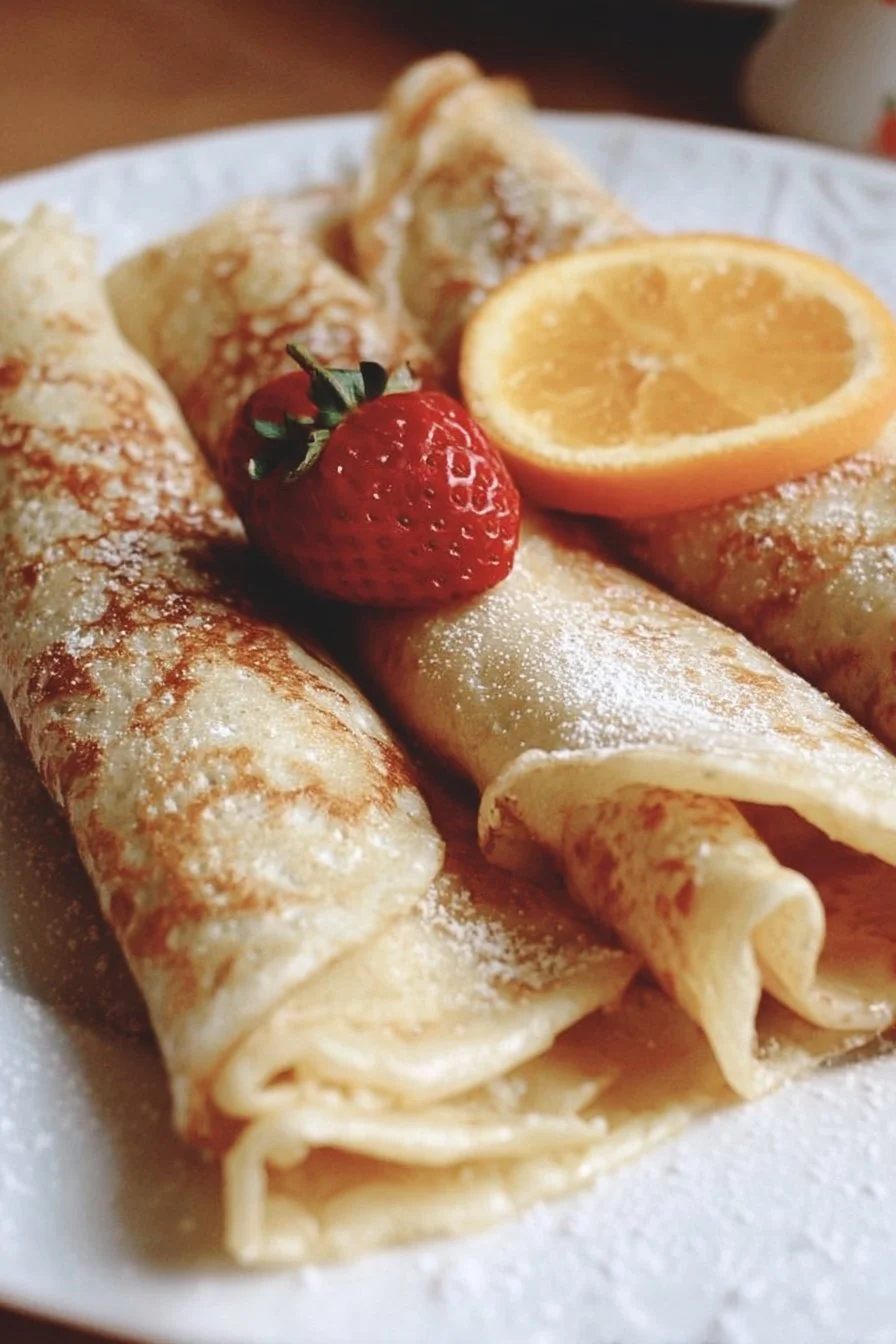 Delicious homemade French crêpe topped with fresh fruit and syrup