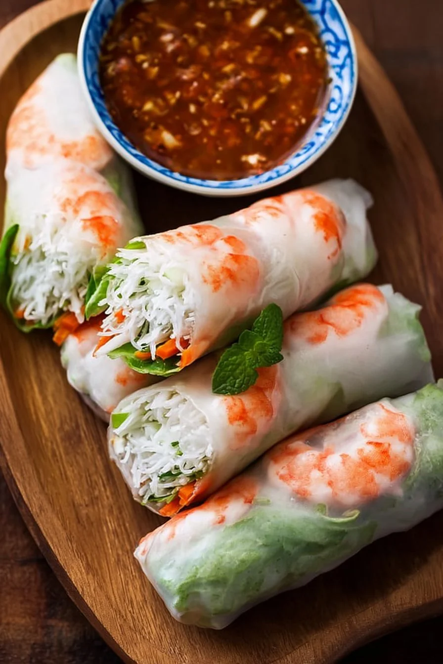 Fresh spring rolls with colorful vegetables and a tasty dipping sauce