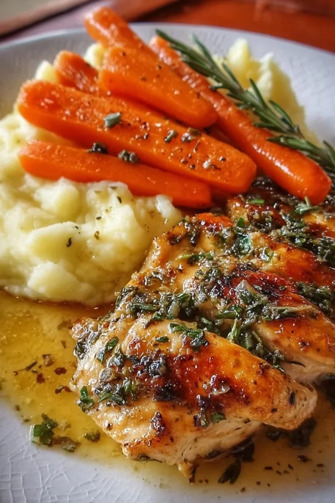 Delicious garlic herb chicken served with mashed potatoes and glazed carrots