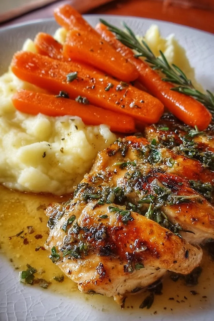 Delicious garlic herb chicken served with mashed potatoes and glazed carrots